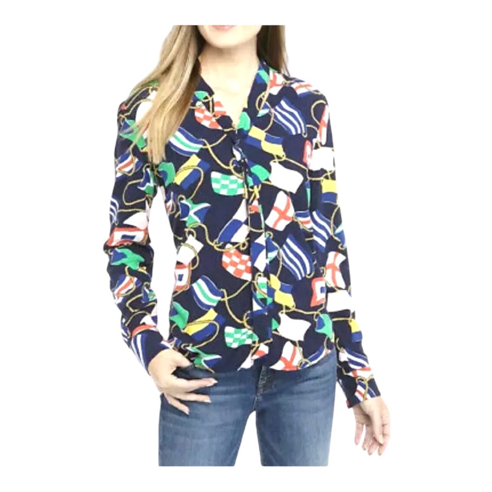 Crown & Ivy Nautical Flag Navy Blouse Size‎ M